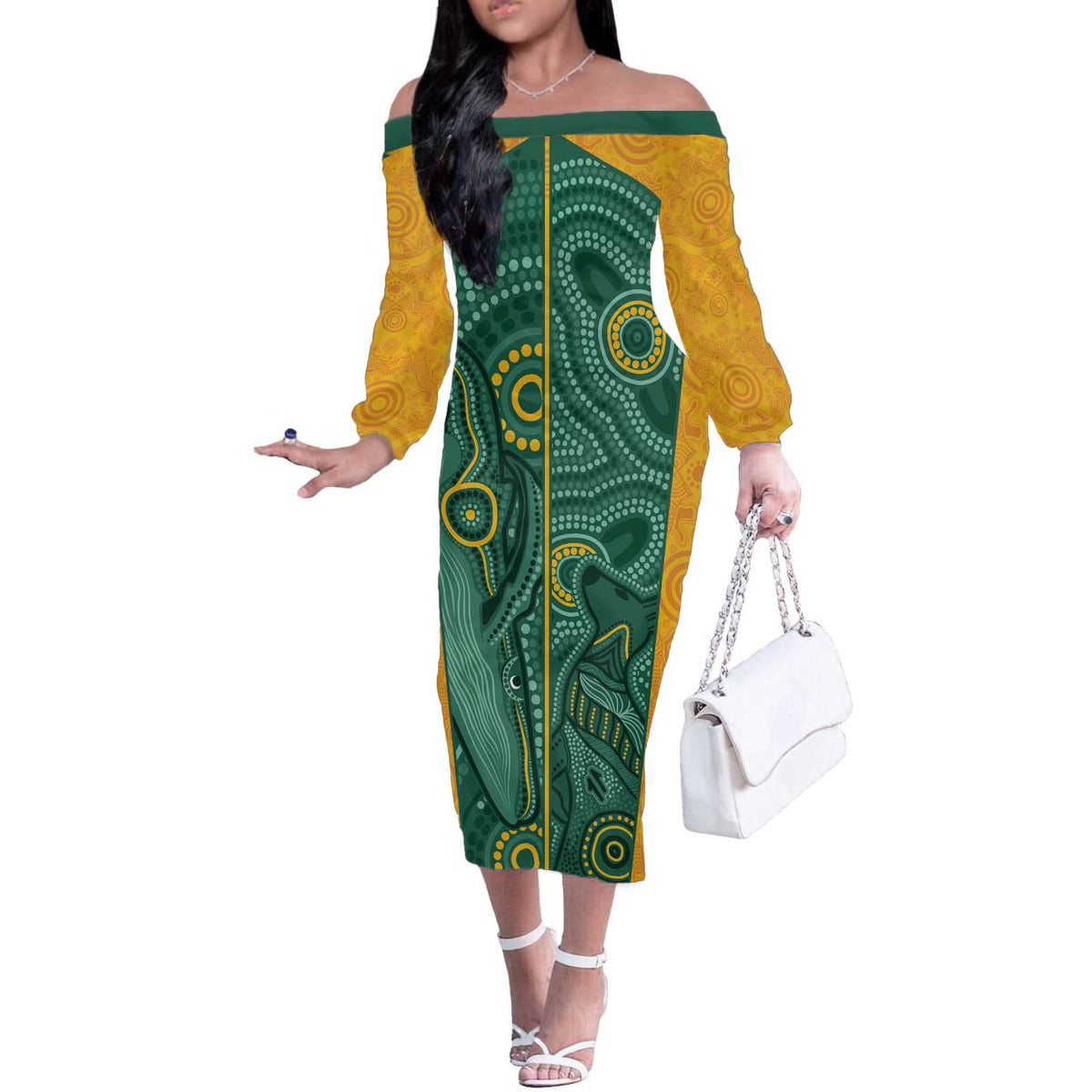 Australia 2024 Custom Off The Shoulder Long Sleeve Dress Aboriginal GO Team Aussie