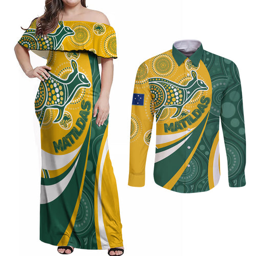 custom-australia-matildas-indigenous-couples-matching-off-shoulder-maxi-dress-and-long-sleeve-button-shirt-go-tilly-special