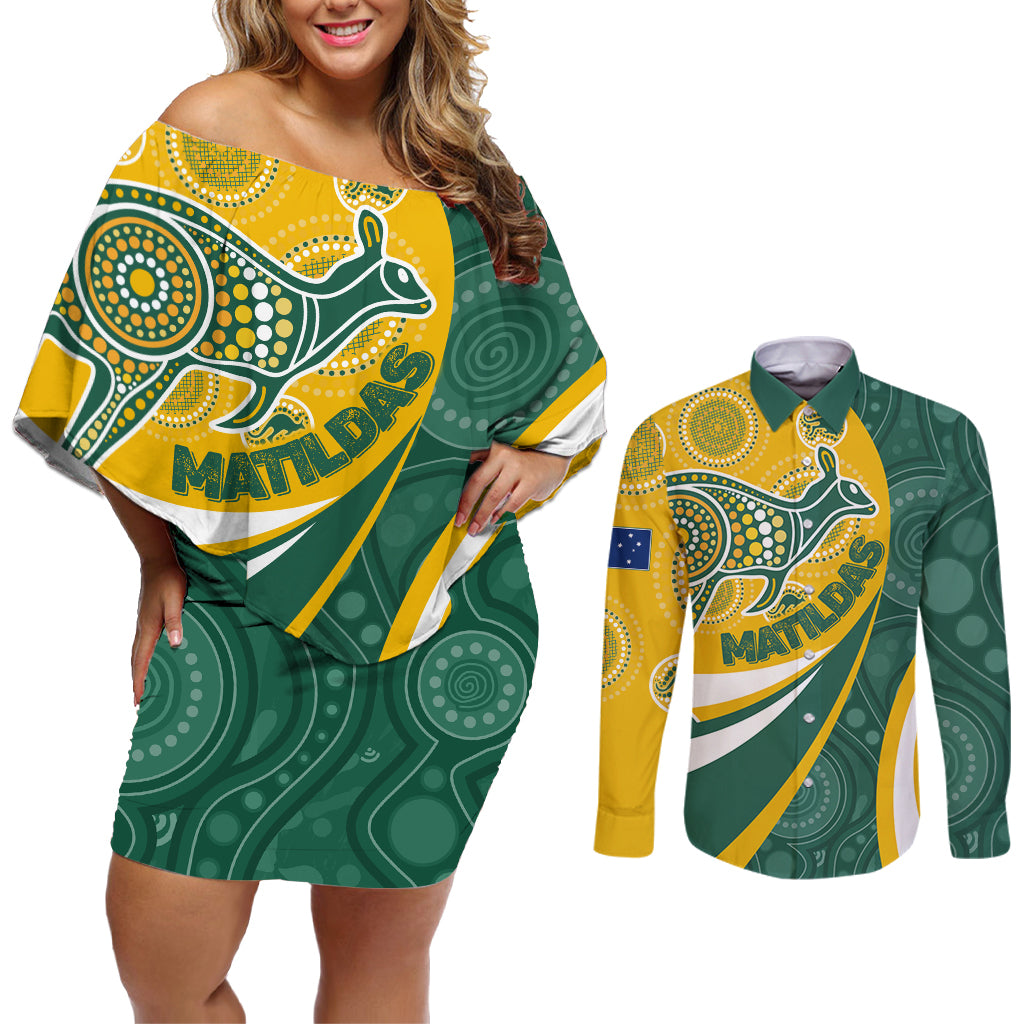 custom-australia-matildas-indigenous-couples-matching-off-shoulder-short-dress-and-long-sleeve-button-shirt-go-tilly-special