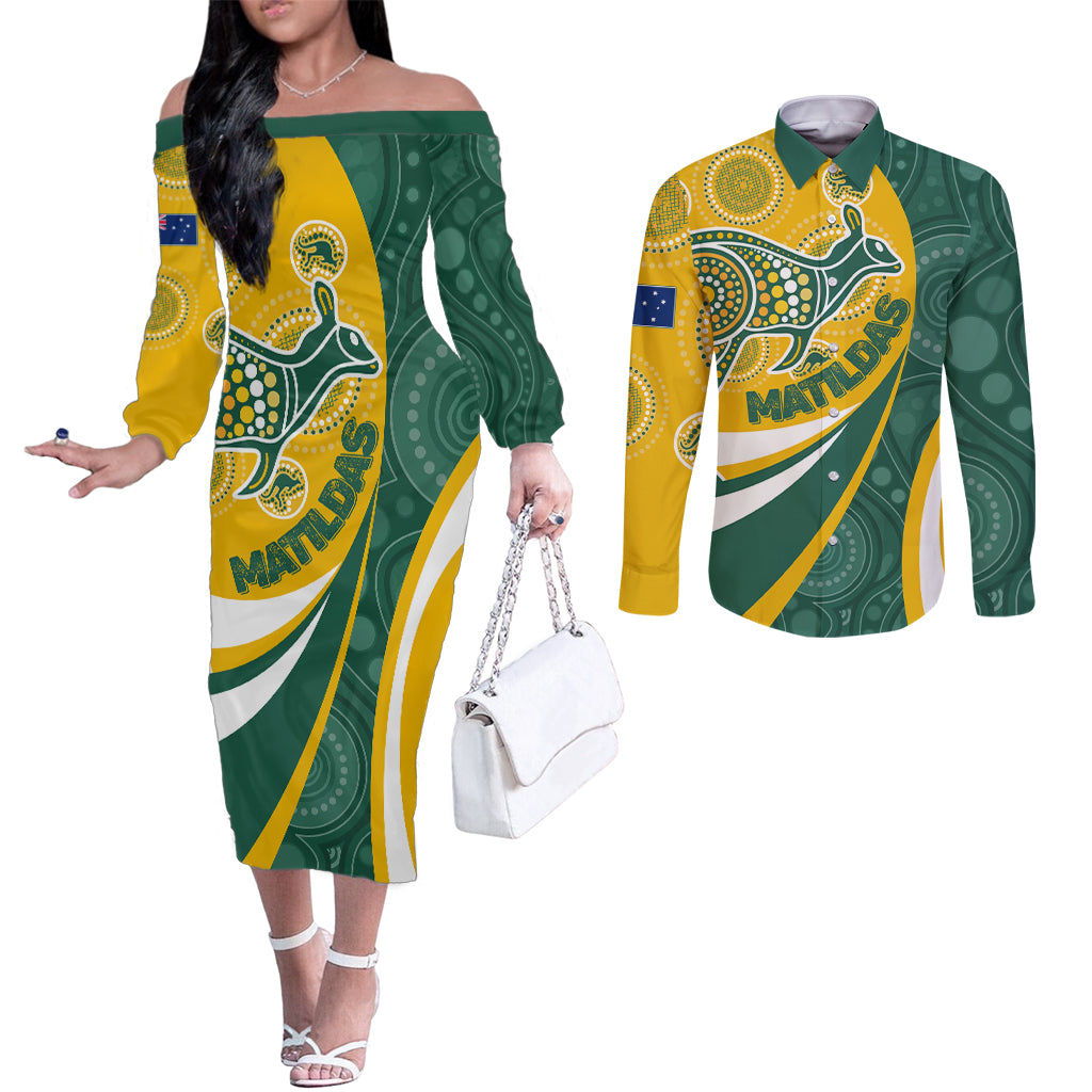 custom-australia-matildas-indigenous-couples-matching-off-the-shoulder-long-sleeve-dress-and-long-sleeve-button-shirt-go-tilly-special