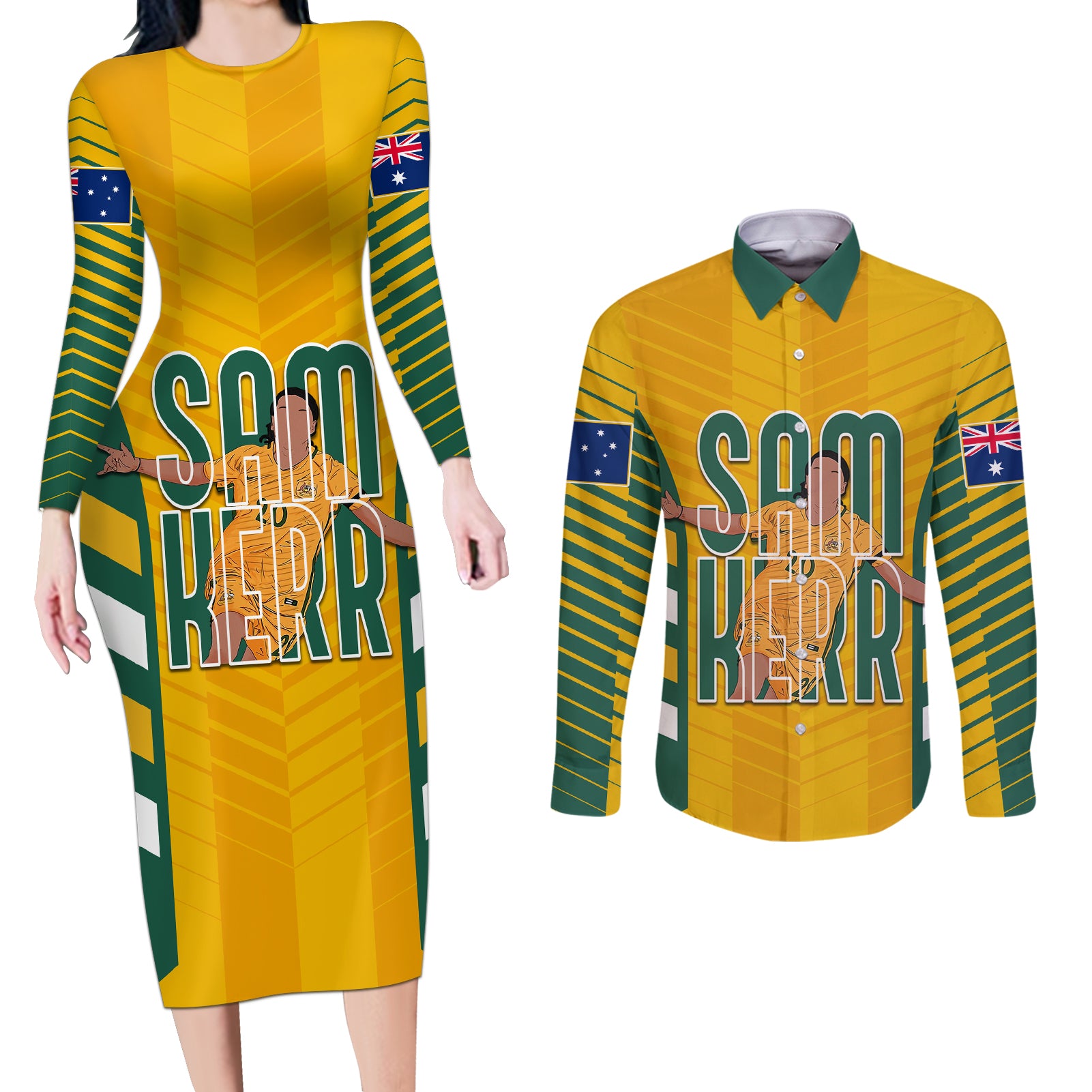 custom-australia-matildas-couples-matching-long-sleeve-bodycon-dress-and-long-sleeve-button-shirt-sam-kerr-legend