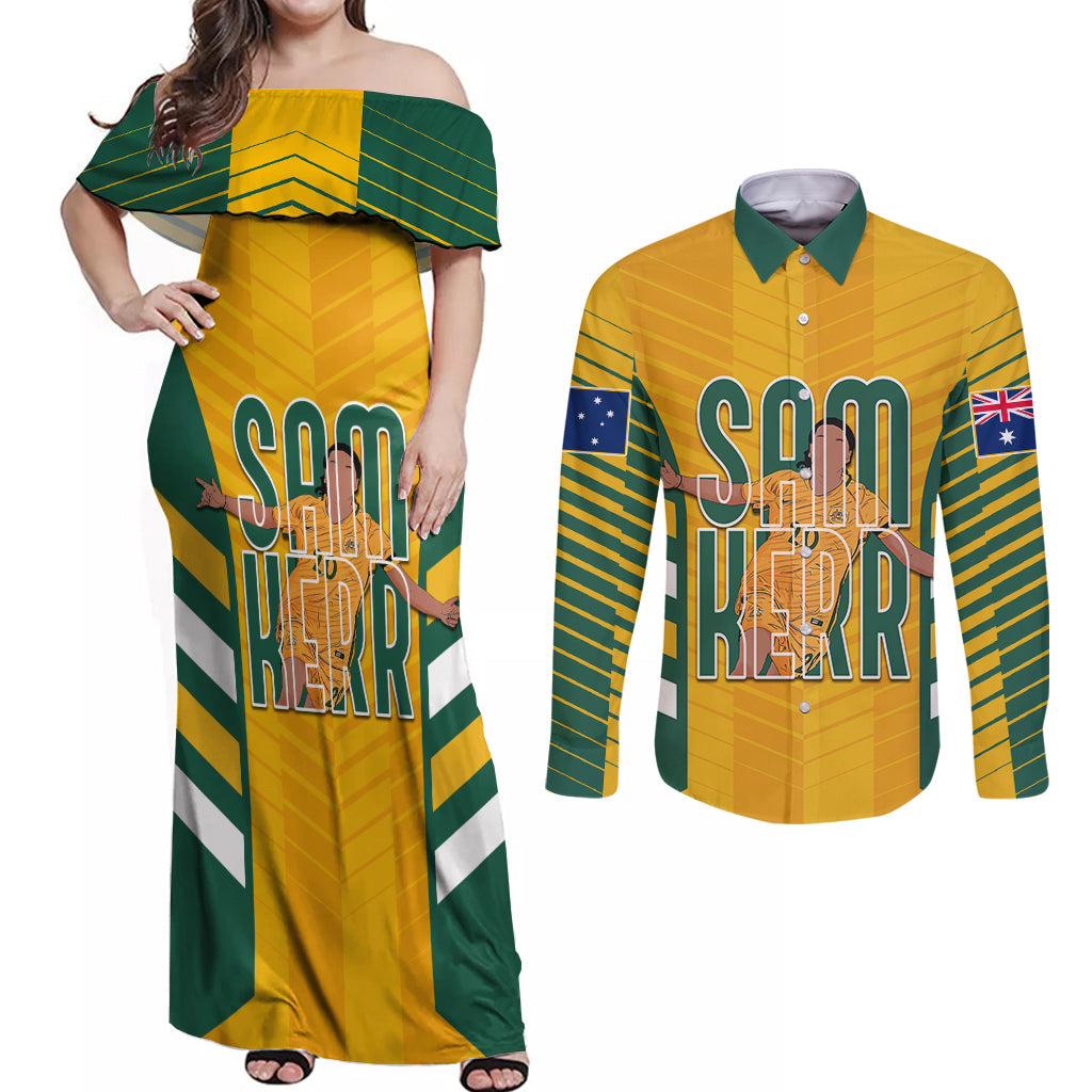 custom-australia-matildas-couples-matching-off-shoulder-maxi-dress-and-long-sleeve-button-shirt-sam-kerr-legend
