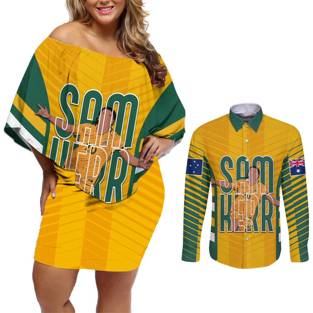 custom-australia-matildas-couples-matching-off-shoulder-short-dress-and-long-sleeve-button-shirt-sam-kerr-legend