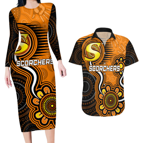 custom-scorchers-cricket-indigenous-couples-matching-long-sleeve-bodycon-dress-and-hawaiian-shirt-champions-fire-up
