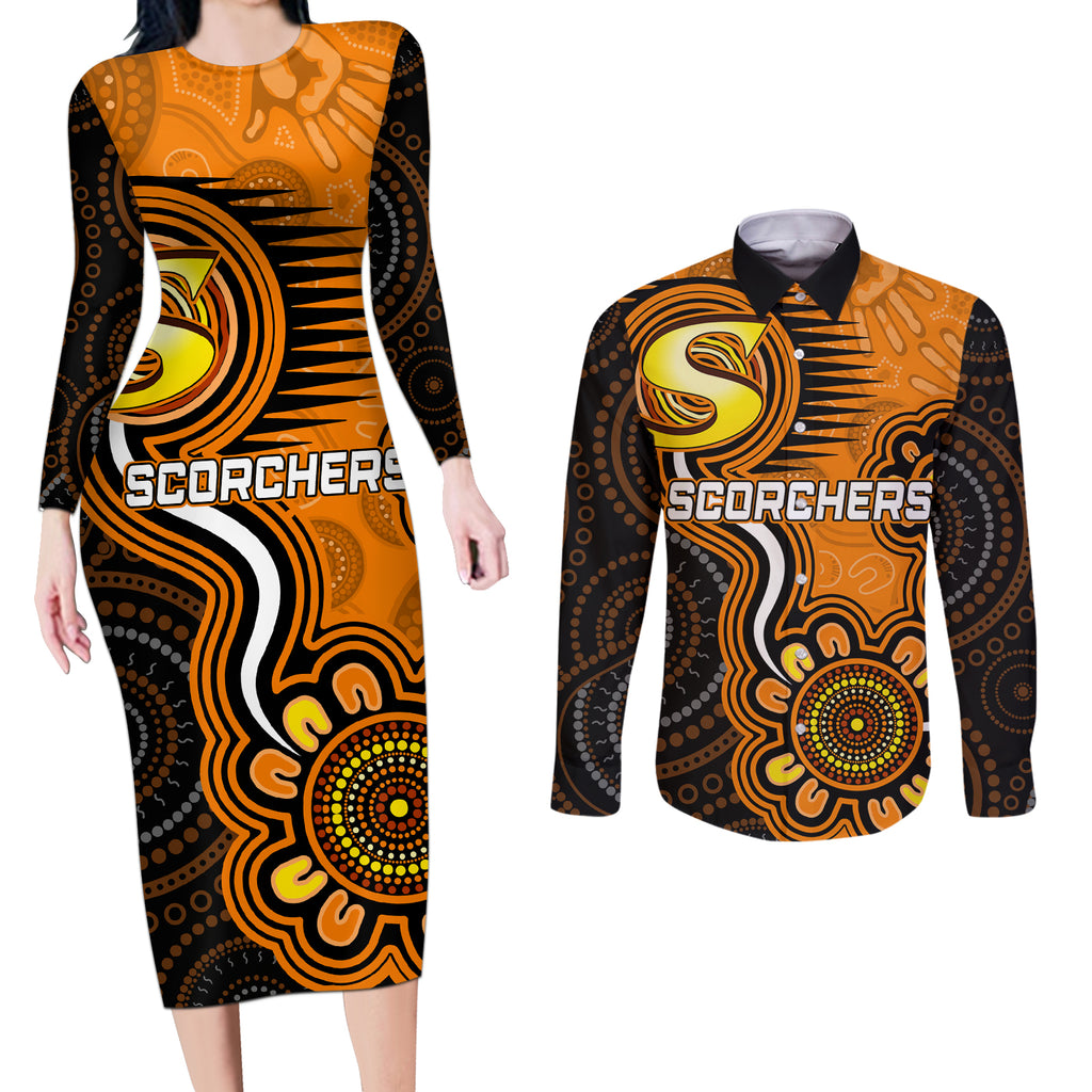 custom-scorchers-cricket-indigenous-couples-matching-long-sleeve-bodycon-dress-and-long-sleeve-button-shirt-champions-fire-up