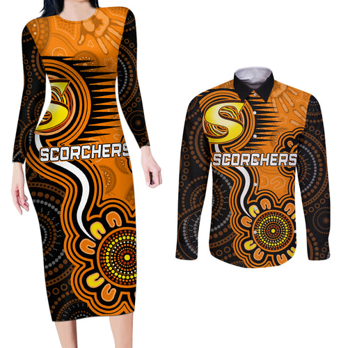 custom-scorchers-cricket-indigenous-couples-matching-long-sleeve-bodycon-dress-and-long-sleeve-button-shirt-champions-fire-up