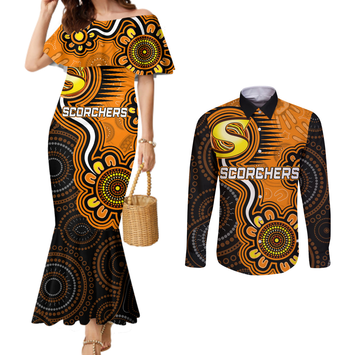 custom-scorchers-cricket-indigenous-couples-matching-mermaid-dress-and-long-sleeve-button-shirt-champions-fire-up