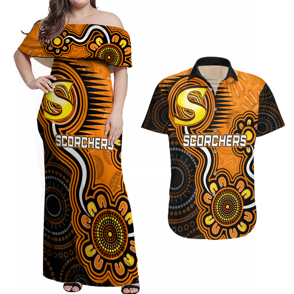 custom-scorchers-cricket-indigenous-couples-matching-off-shoulder-maxi-dress-and-hawaiian-shirt-champions-fire-up