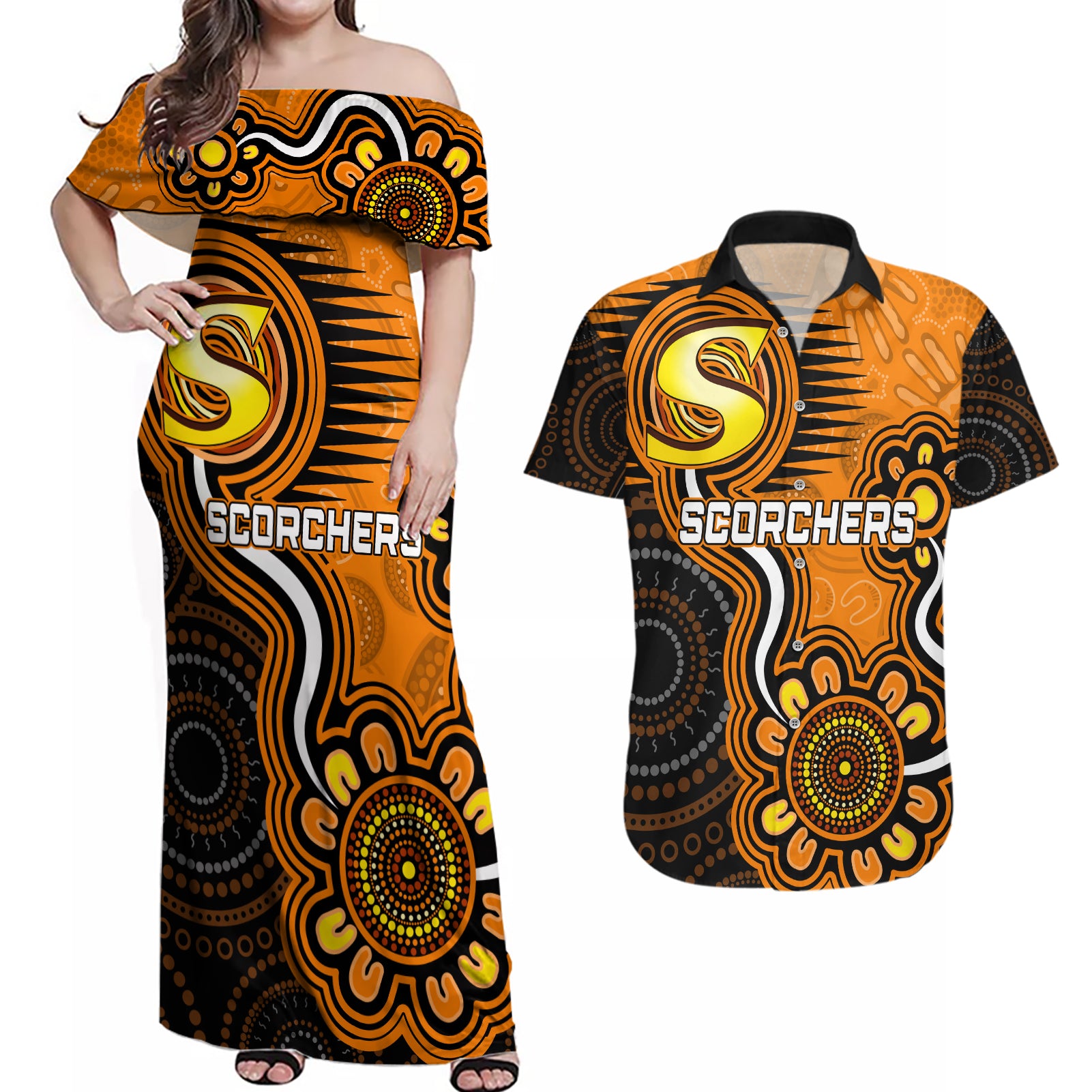 custom-scorchers-cricket-indigenous-couples-matching-off-shoulder-maxi-dress-and-hawaiian-shirt-champions-fire-up