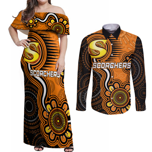custom-scorchers-cricket-indigenous-couples-matching-off-shoulder-maxi-dress-and-long-sleeve-button-shirt-champions-fire-up