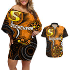 custom-scorchers-cricket-indigenous-couples-matching-off-shoulder-short-dress-and-hawaiian-shirt-champions-fire-up