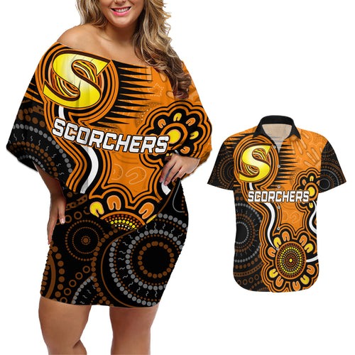custom-scorchers-cricket-indigenous-couples-matching-off-shoulder-short-dress-and-hawaiian-shirt-champions-fire-up