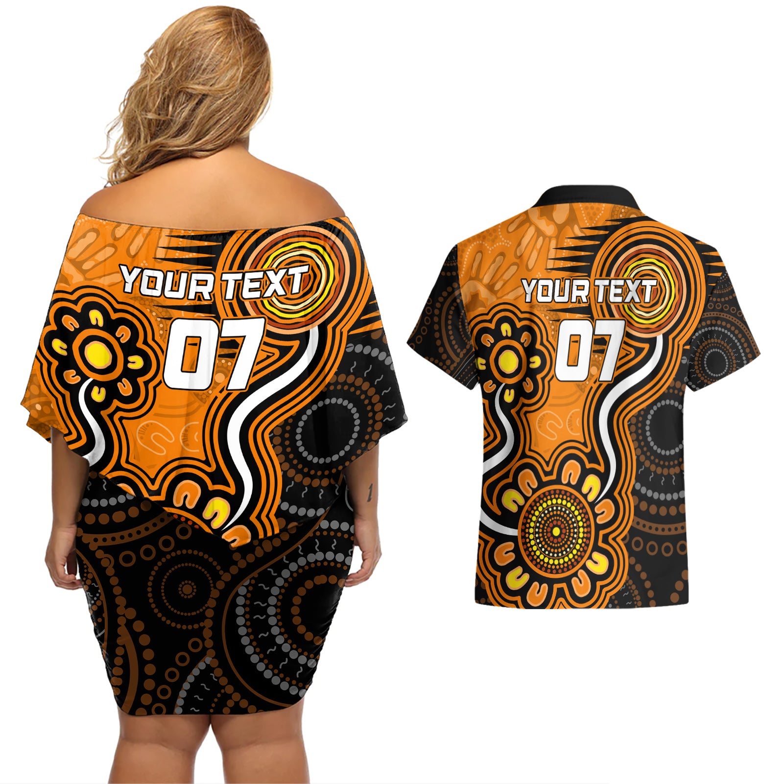 custom-scorchers-cricket-indigenous-couples-matching-off-shoulder-short-dress-and-hawaiian-shirt-champions-fire-up