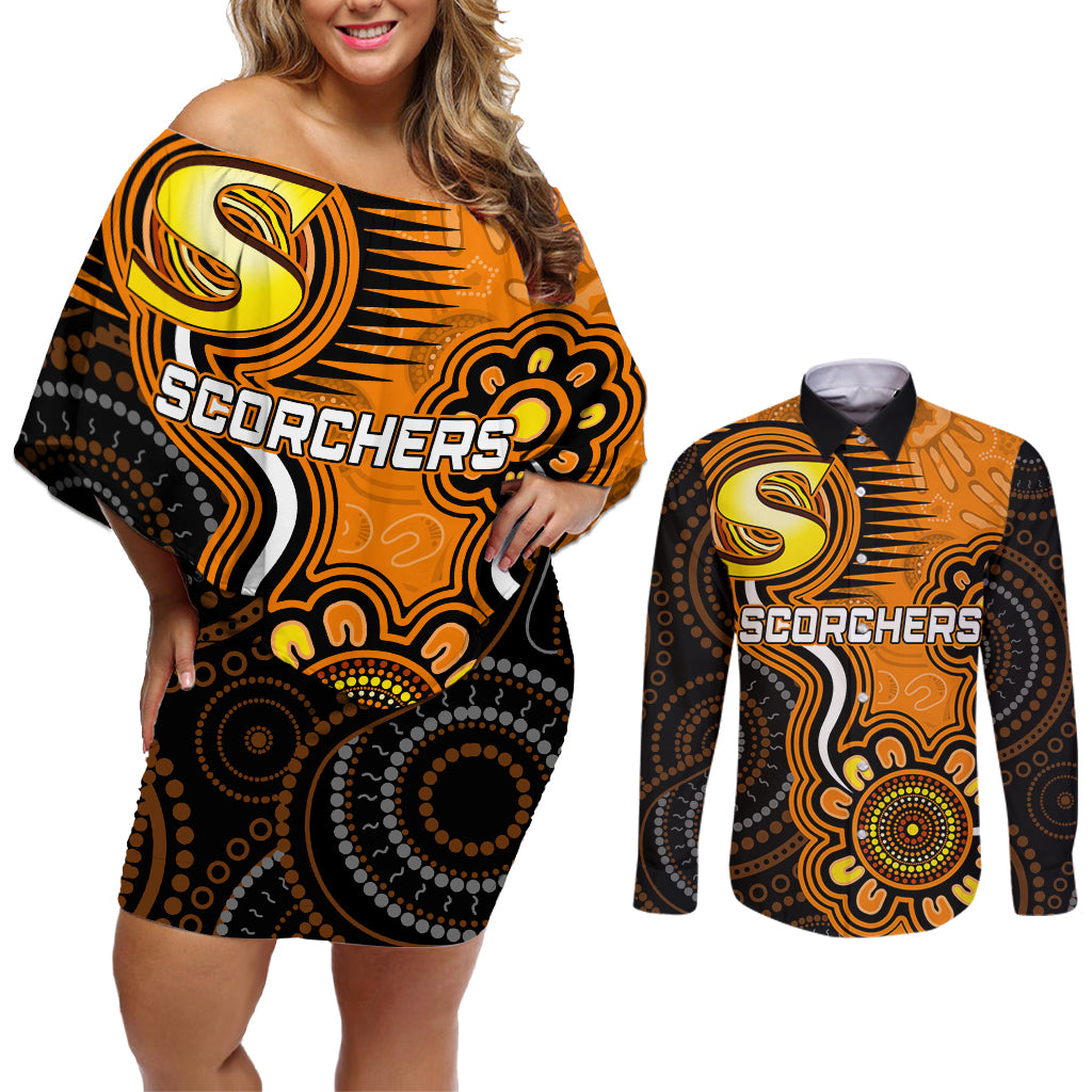 custom-scorchers-cricket-indigenous-couples-matching-off-shoulder-short-dress-and-long-sleeve-button-shirt-champions-fire-up