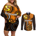 custom-scorchers-cricket-indigenous-couples-matching-off-shoulder-short-dress-and-long-sleeve-button-shirt-champions-fire-up