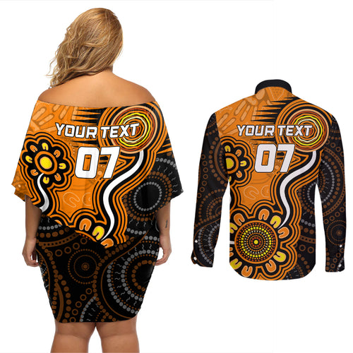 custom-scorchers-cricket-indigenous-couples-matching-off-shoulder-short-dress-and-long-sleeve-button-shirt-champions-fire-up