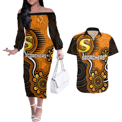 custom-scorchers-cricket-indigenous-couples-matching-off-the-shoulder-long-sleeve-dress-and-hawaiian-shirt-champions-fire-up