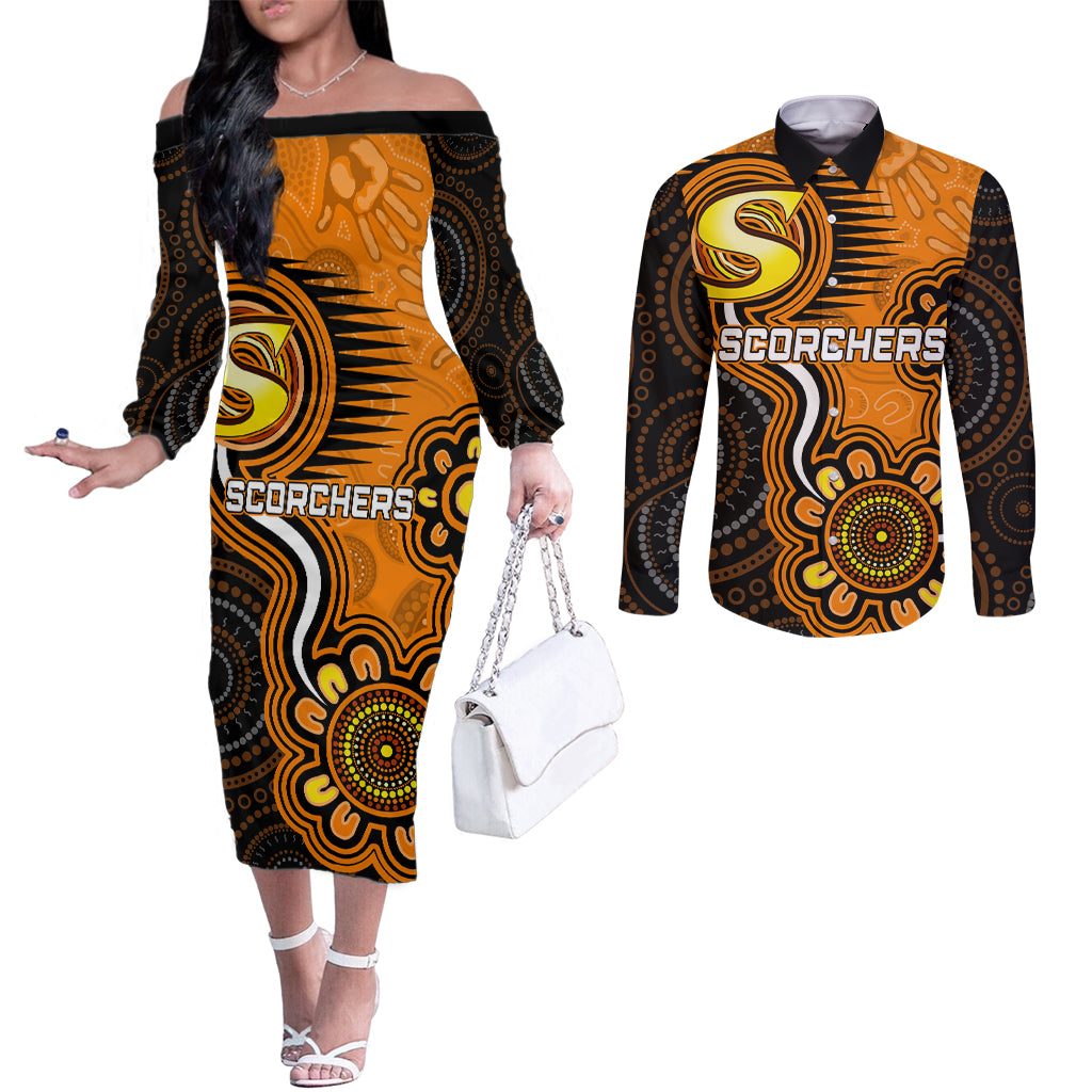 custom-scorchers-cricket-indigenous-couples-matching-off-the-shoulder-long-sleeve-dress-and-long-sleeve-button-shirt-champions-fire-up
