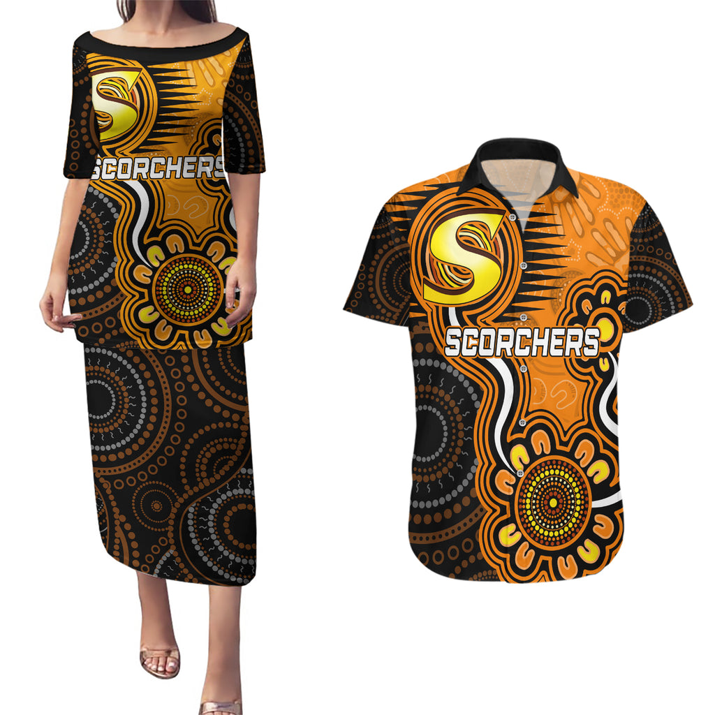 custom-scorchers-cricket-indigenous-couples-matching-puletasi-dress-and-hawaiian-shirt-champions-fire-up