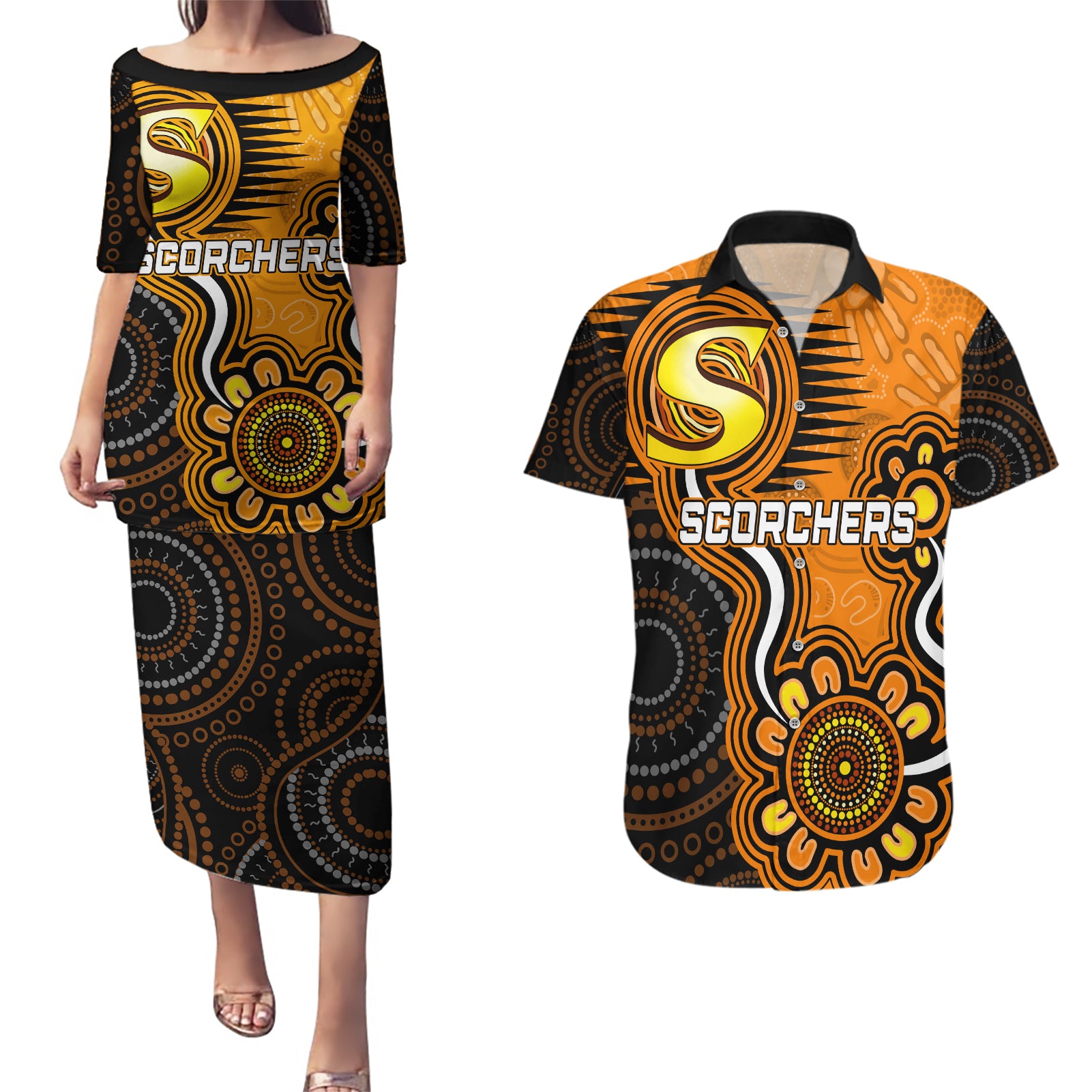 custom-scorchers-cricket-indigenous-couples-matching-puletasi-dress-and-hawaiian-shirt-champions-fire-up