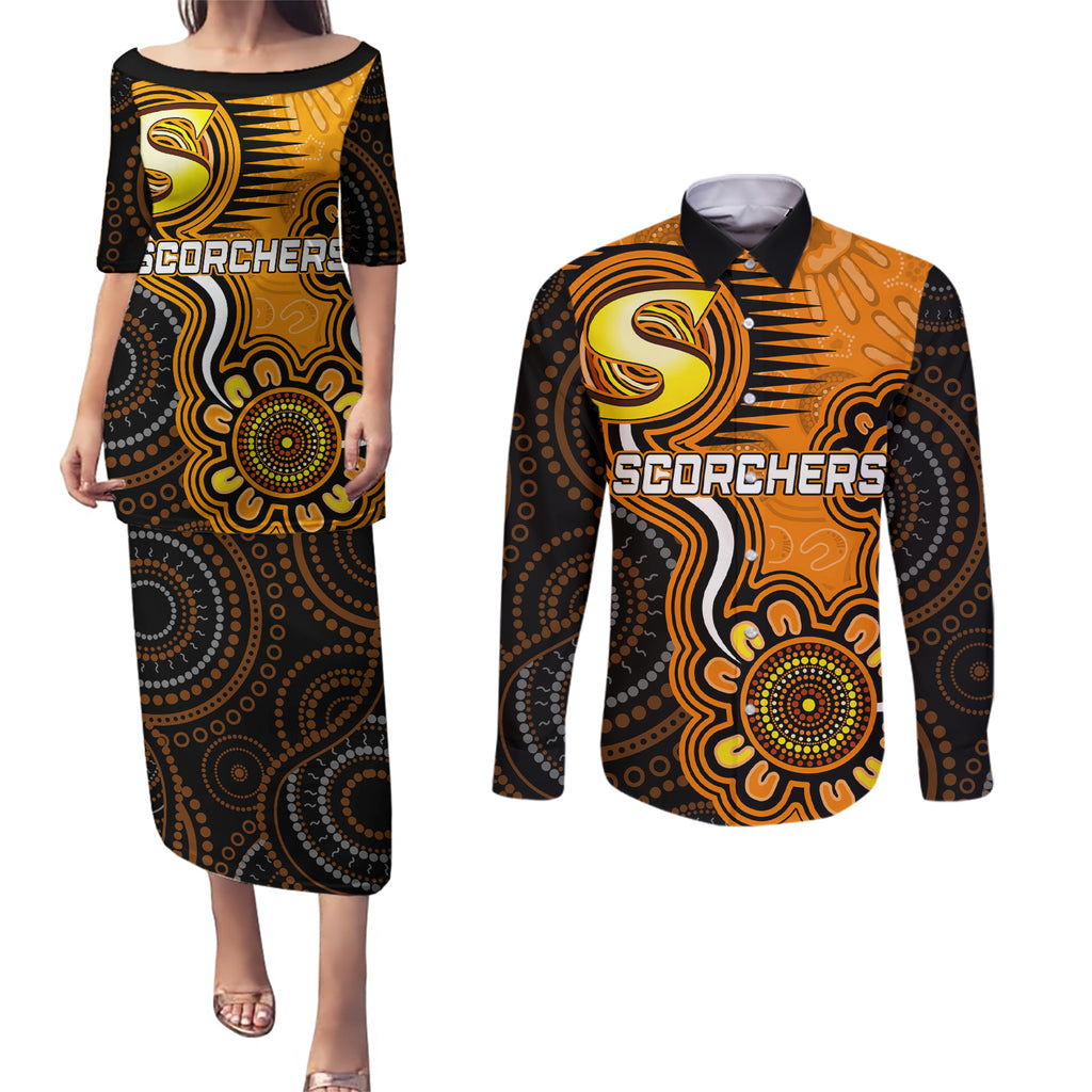 custom-scorchers-cricket-indigenous-couples-matching-puletasi-dress-and-long-sleeve-button-shirt-champions-fire-up