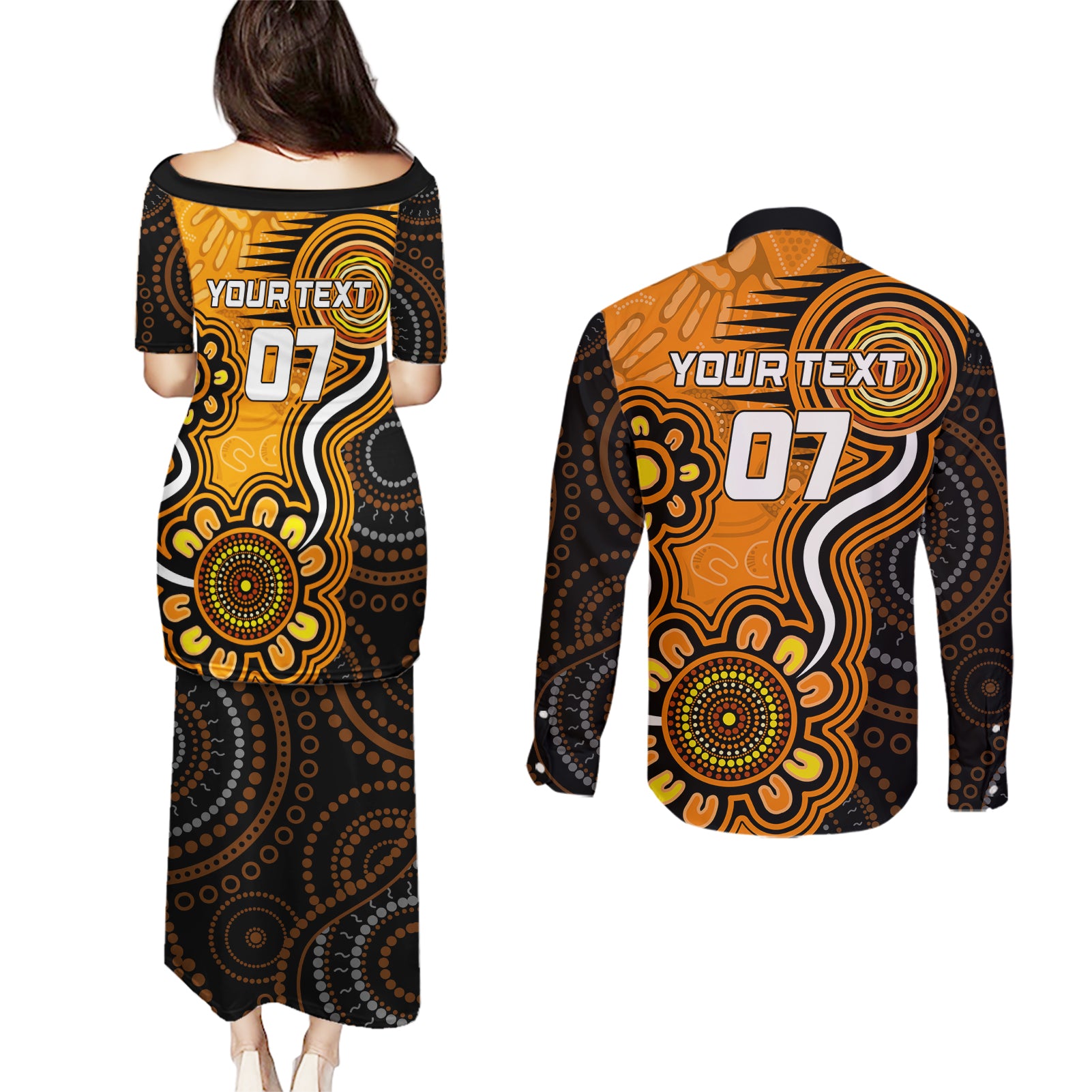 custom-scorchers-cricket-indigenous-couples-matching-puletasi-dress-and-long-sleeve-button-shirt-champions-fire-up