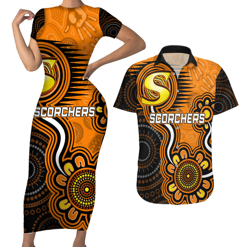 custom-scorchers-cricket-indigenous-couples-matching-short-sleeve-bodycon-dress-and-hawaiian-shirt-champions-fire-up