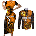 custom-scorchers-cricket-indigenous-couples-matching-short-sleeve-bodycon-dress-and-long-sleeve-button-shirt-champions-fire-up