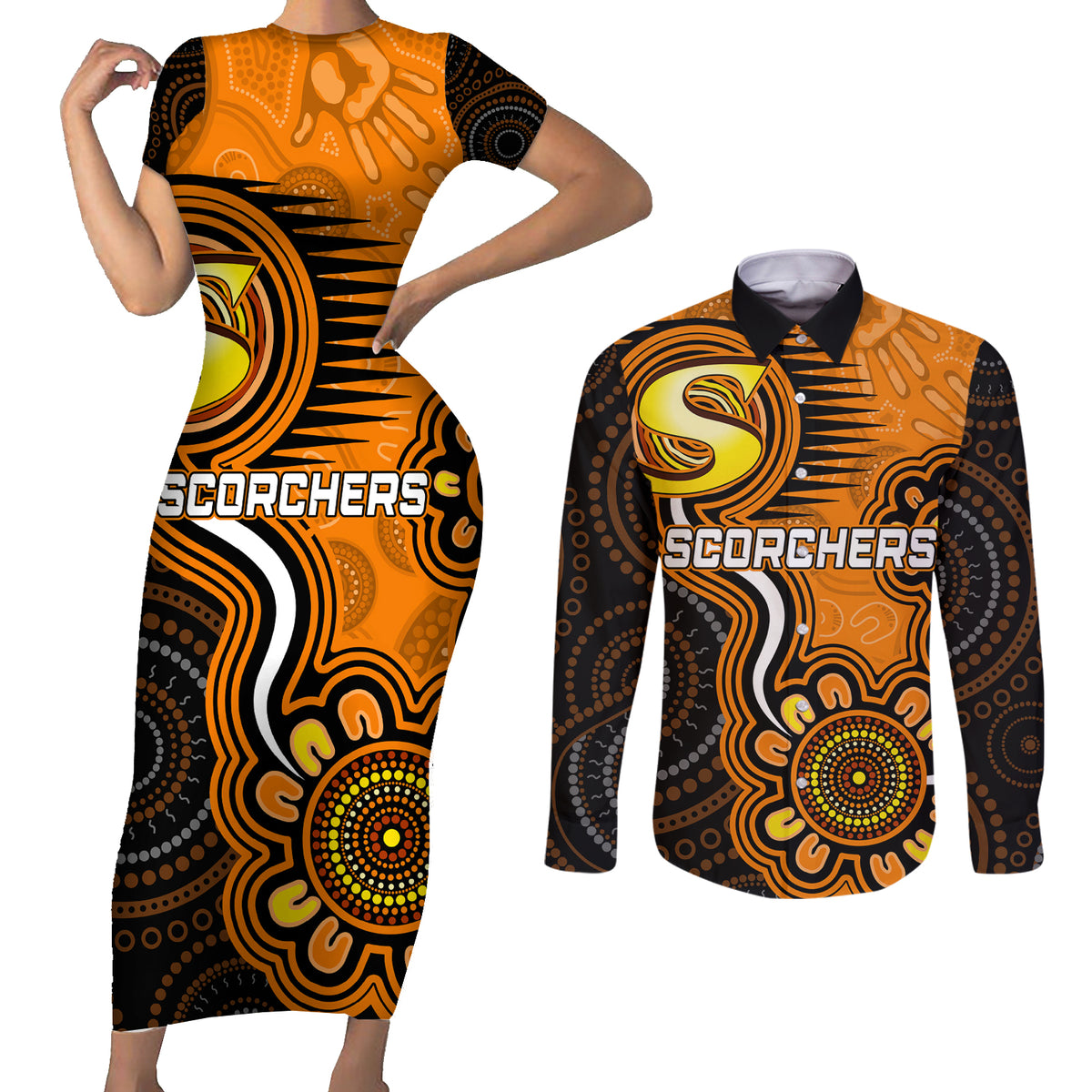 custom-scorchers-cricket-indigenous-couples-matching-short-sleeve-bodycon-dress-and-long-sleeve-button-shirt-champions-fire-up