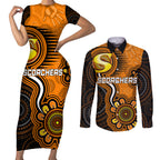 custom-scorchers-cricket-indigenous-couples-matching-short-sleeve-bodycon-dress-and-long-sleeve-button-shirt-champions-fire-up