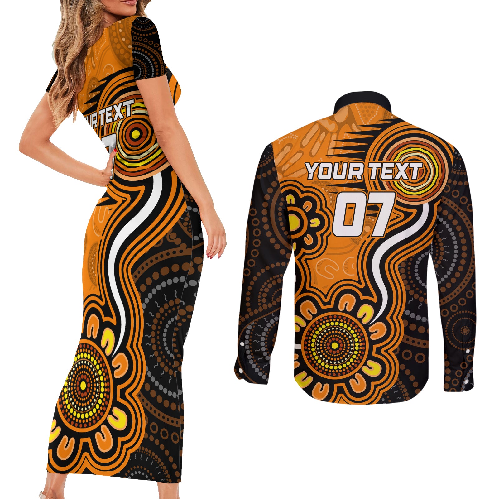 custom-scorchers-cricket-indigenous-couples-matching-short-sleeve-bodycon-dress-and-long-sleeve-button-shirt-champions-fire-up