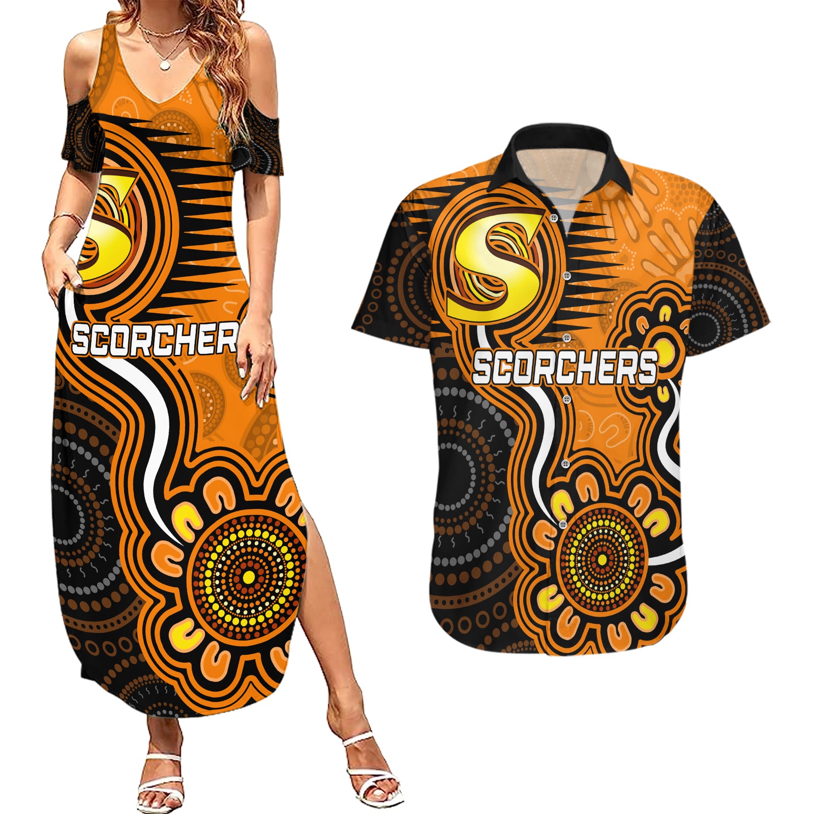 custom-scorchers-cricket-indigenous-couples-matching-summer-maxi-dress-and-hawaiian-shirt-champions-fire-up