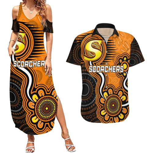 custom-scorchers-cricket-indigenous-couples-matching-summer-maxi-dress-and-hawaiian-shirt-champions-fire-up