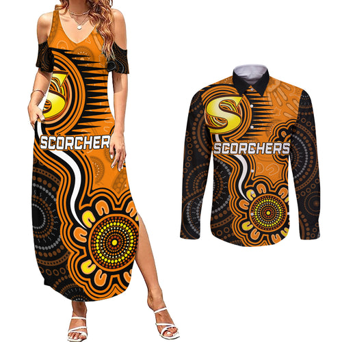 custom-scorchers-cricket-indigenous-couples-matching-summer-maxi-dress-and-long-sleeve-button-shirt-champions-fire-up