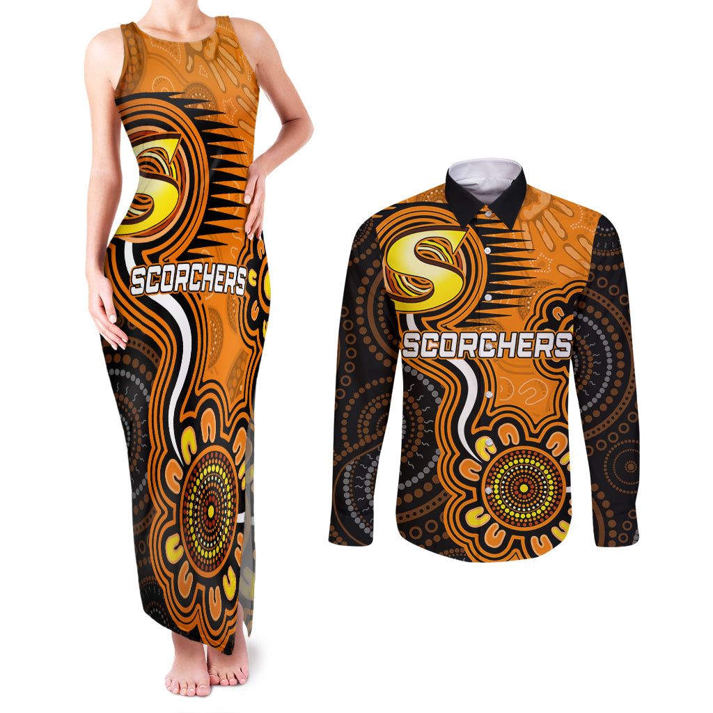 custom-scorchers-cricket-indigenous-couples-matching-tank-maxi-dress-and-long-sleeve-button-shirt-champions-fire-up