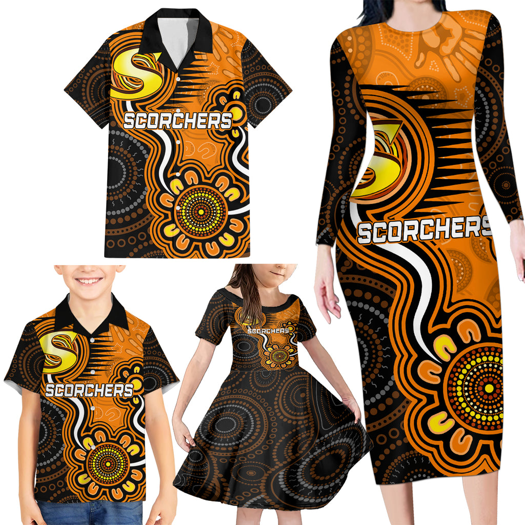 custom-scorchers-cricket-indigenous-family-matching-long-sleeve-bodycon-dress-and-hawaiian-shirt-champions-fire-up