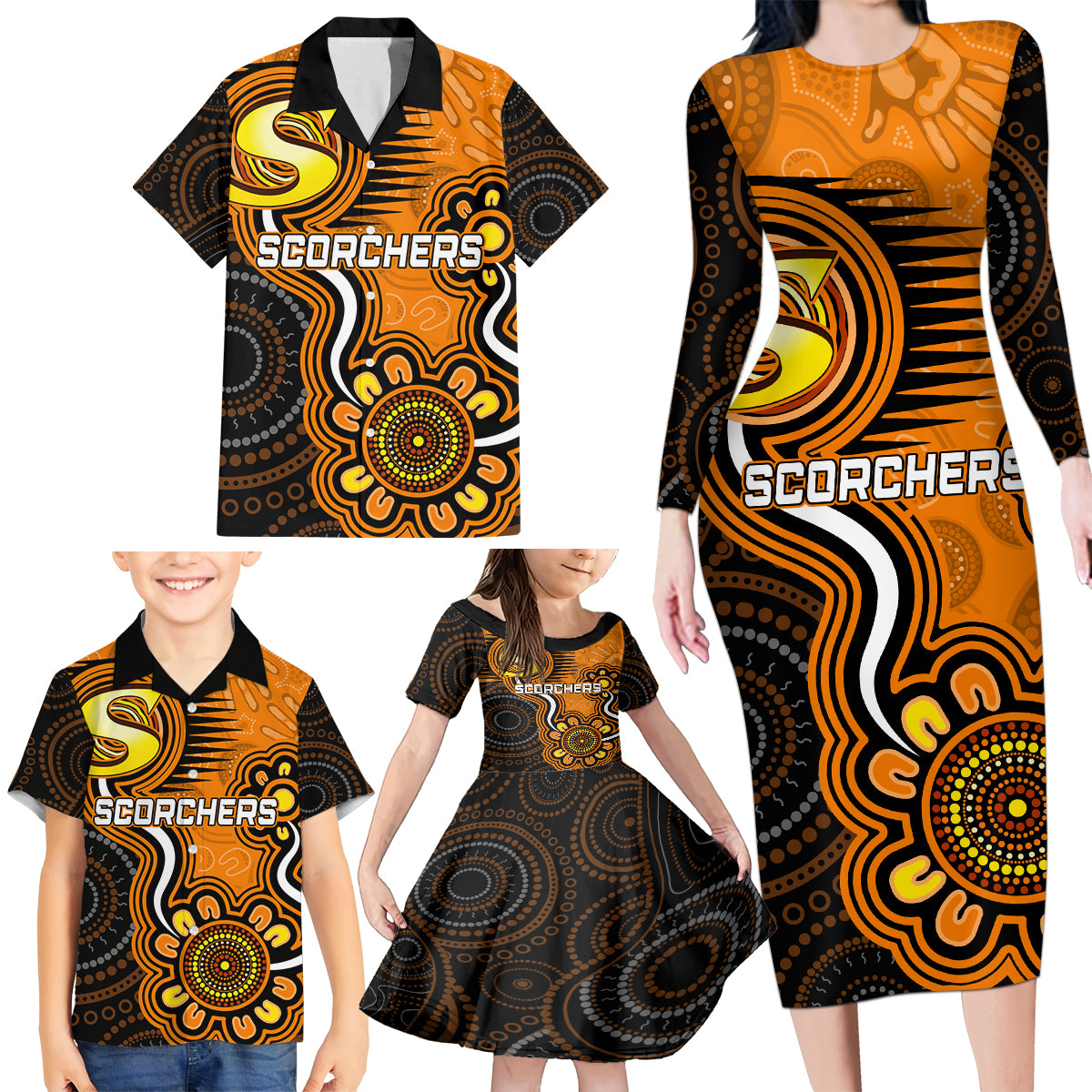 custom-scorchers-cricket-indigenous-family-matching-long-sleeve-bodycon-dress-and-hawaiian-shirt-champions-fire-up