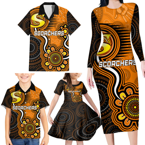 custom-scorchers-cricket-indigenous-family-matching-long-sleeve-bodycon-dress-and-hawaiian-shirt-champions-fire-up