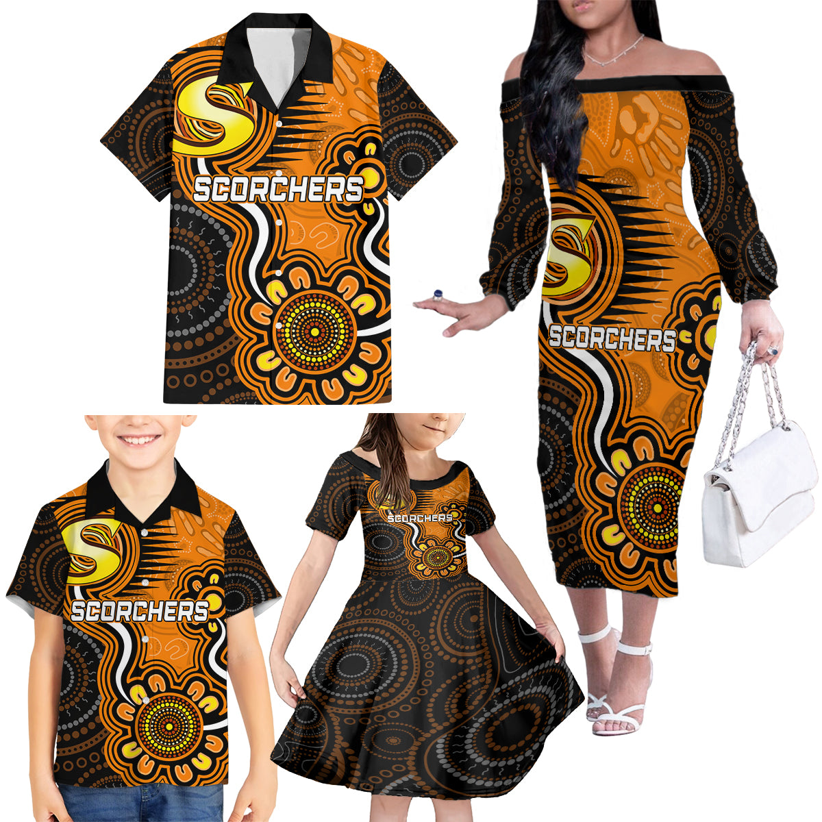 custom-scorchers-cricket-indigenous-family-matching-off-shoulder-long-sleeve-dress-and-hawaiian-shirt-champions-fire-up