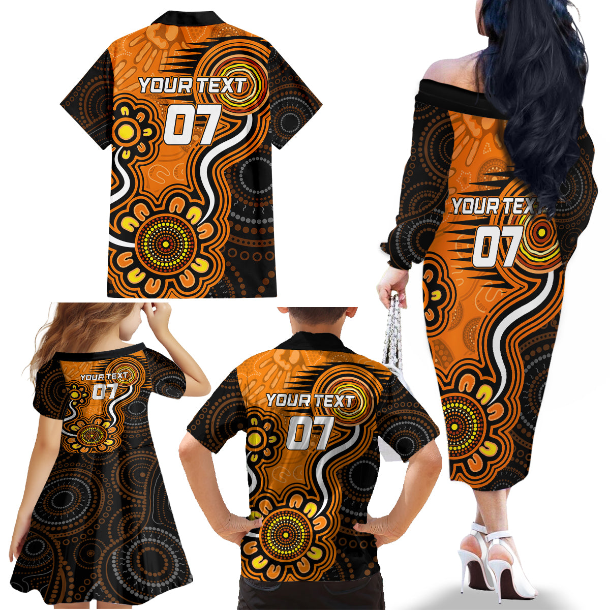custom-scorchers-cricket-indigenous-family-matching-off-shoulder-long-sleeve-dress-and-hawaiian-shirt-champions-fire-up