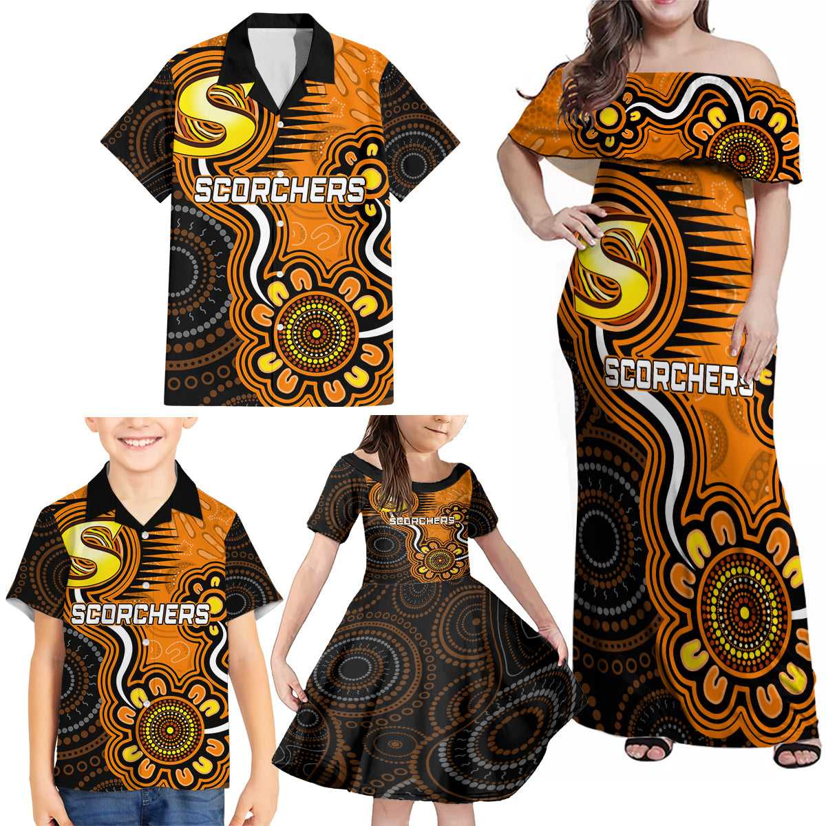 custom-scorchers-cricket-indigenous-family-matching-off-shoulder-maxi-dress-and-hawaiian-shirt-champions-fire-up