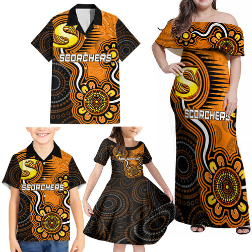 custom-scorchers-cricket-indigenous-family-matching-off-shoulder-maxi-dress-and-hawaiian-shirt-champions-fire-up