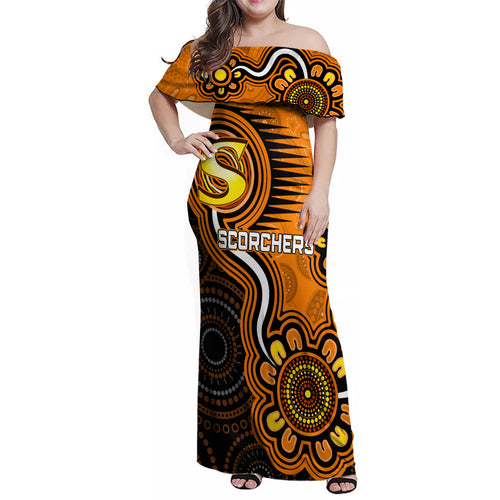 custom-scorchers-cricket-indigenous-family-matching-off-shoulder-maxi-dress-and-hawaiian-shirt-champions-fire-up
