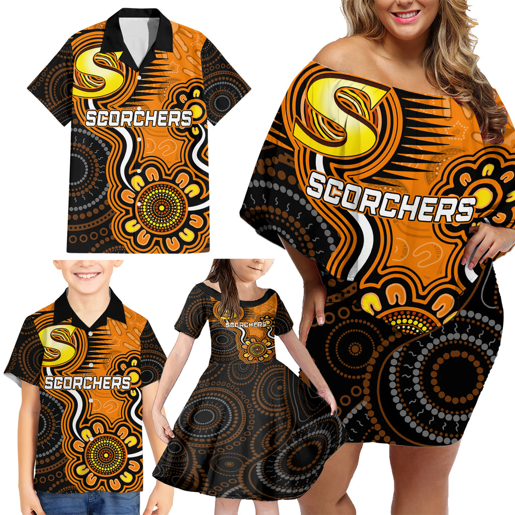 custom-scorchers-cricket-indigenous-family-matching-off-shoulder-short-dress-and-hawaiian-shirt-champions-fire-up