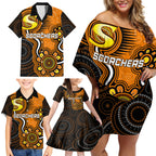 custom-scorchers-cricket-indigenous-family-matching-off-shoulder-short-dress-and-hawaiian-shirt-champions-fire-up