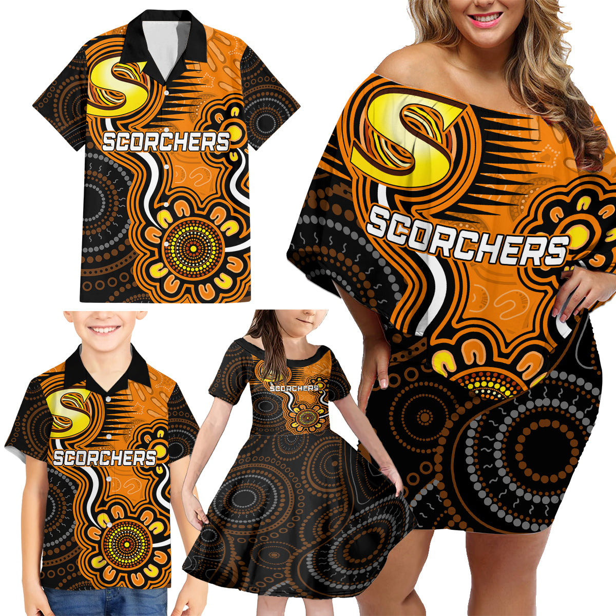 custom-scorchers-cricket-indigenous-family-matching-off-shoulder-short-dress-and-hawaiian-shirt-champions-fire-up