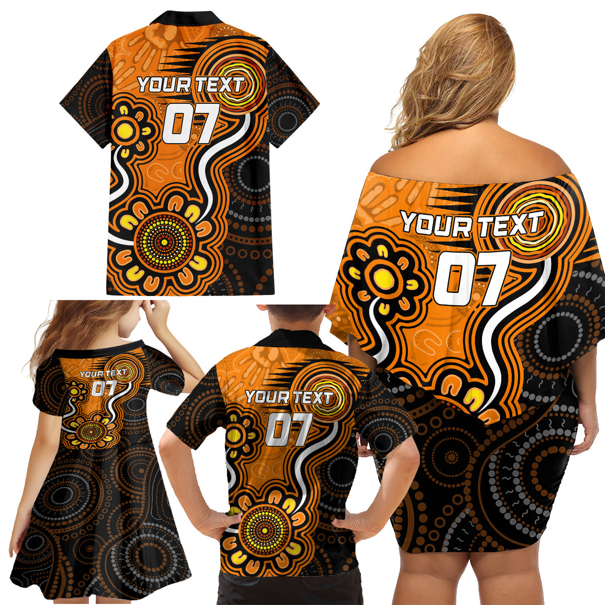 custom-scorchers-cricket-indigenous-family-matching-off-shoulder-short-dress-and-hawaiian-shirt-champions-fire-up