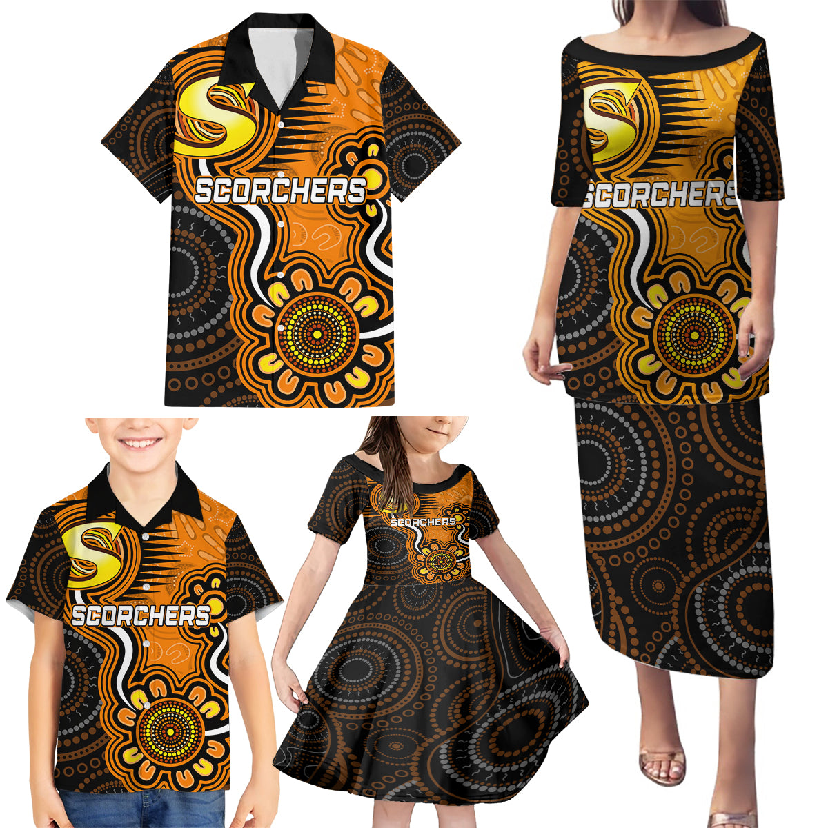 custom-scorchers-cricket-indigenous-family-matching-puletasi-dress-and-hawaiian-shirt-champions-fire-up