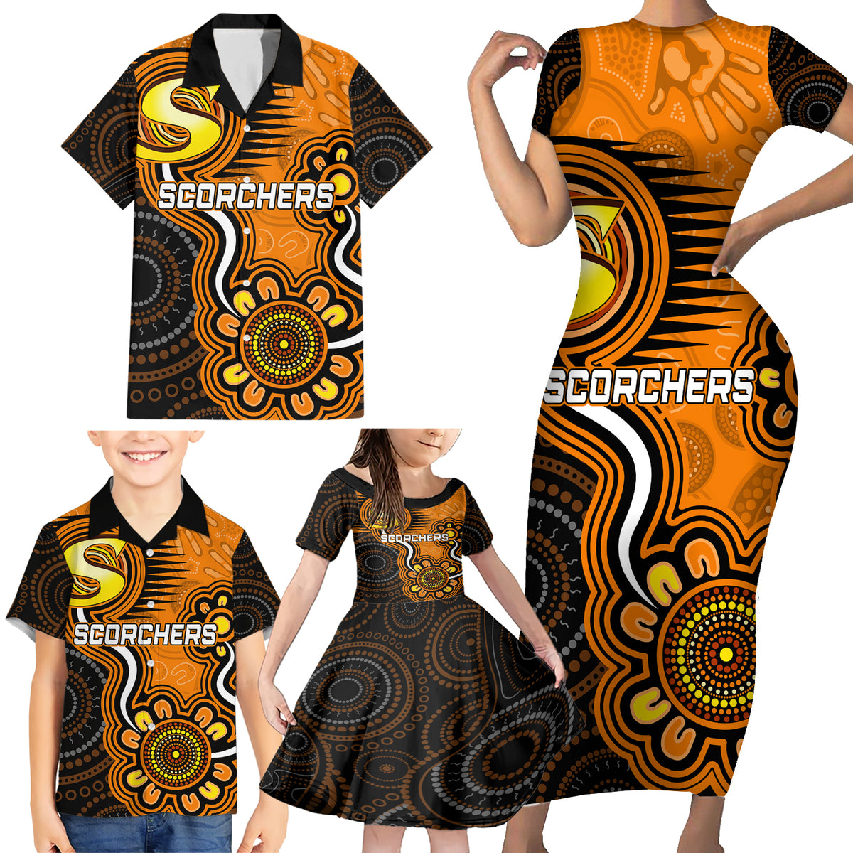 custom-scorchers-cricket-indigenous-family-matching-short-sleeve-bodycon-dress-and-hawaiian-shirt-champions-fire-up
