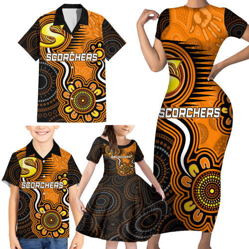 custom-scorchers-cricket-indigenous-family-matching-short-sleeve-bodycon-dress-and-hawaiian-shirt-champions-fire-up